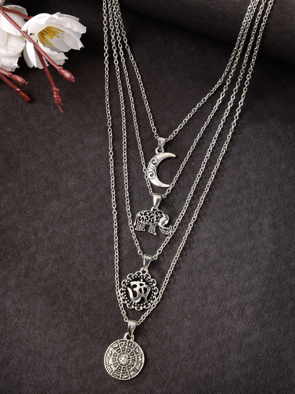 Scintillare by Sukkhi Impressive Multistyle 4 Layered Rhodium Plated Silver Oxidised Pendant Necklace for Women & Girls
