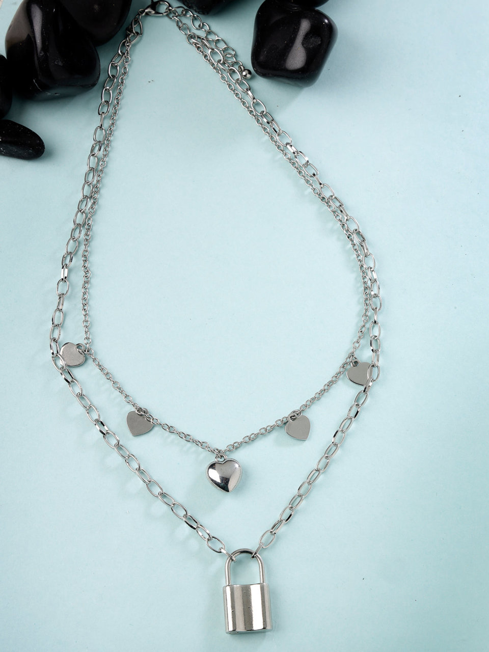 Scintillare by Sukkhi Decent Rhodium Plated Silver Heart Shaped With Lock Pendant Necklace for Women & Girls