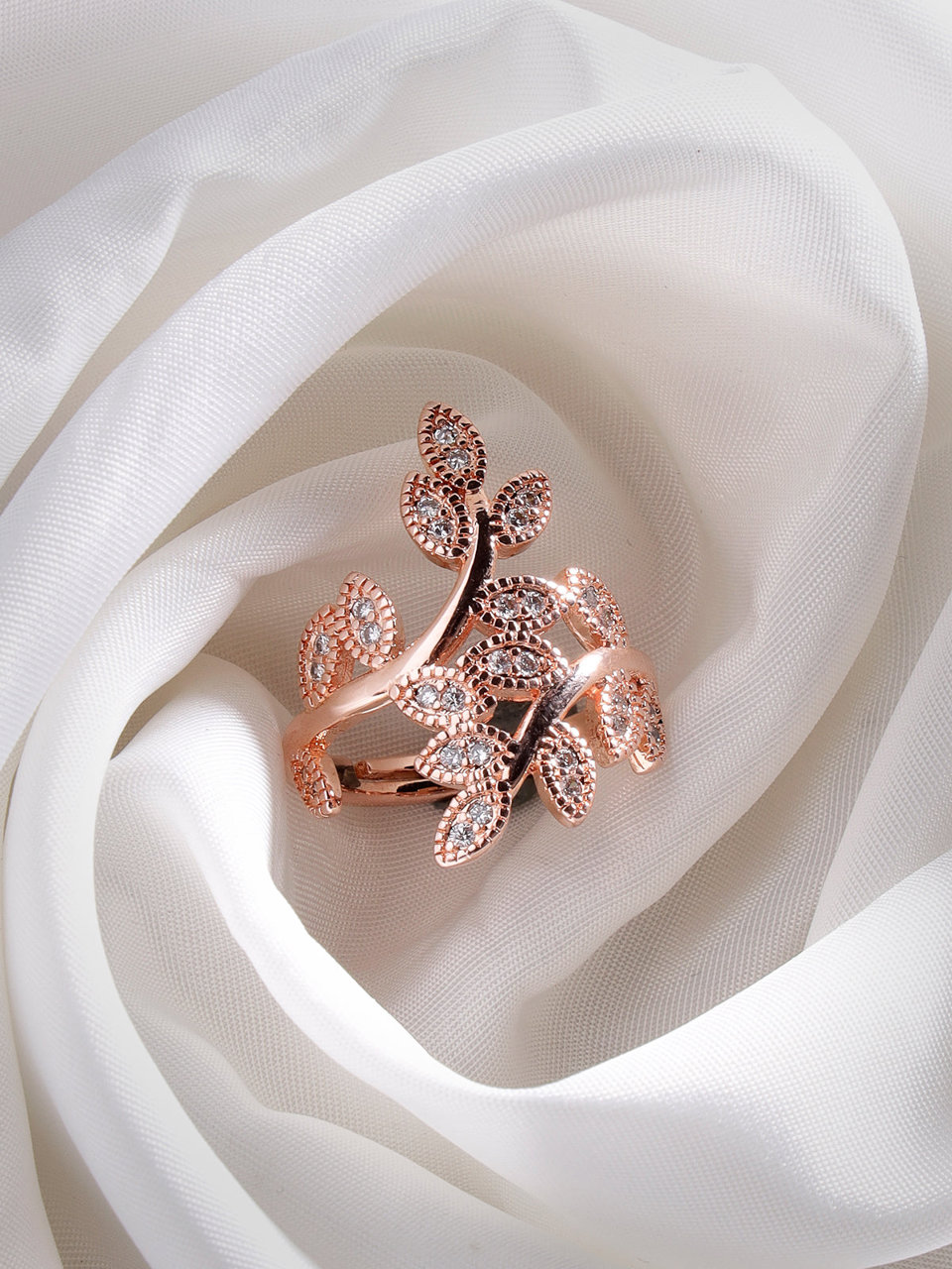 Scintillare by Sukkhi Most Beautiful Rose Gold Plated Leaf Shaped Crystals Stones Finger Rings for Women & Girls