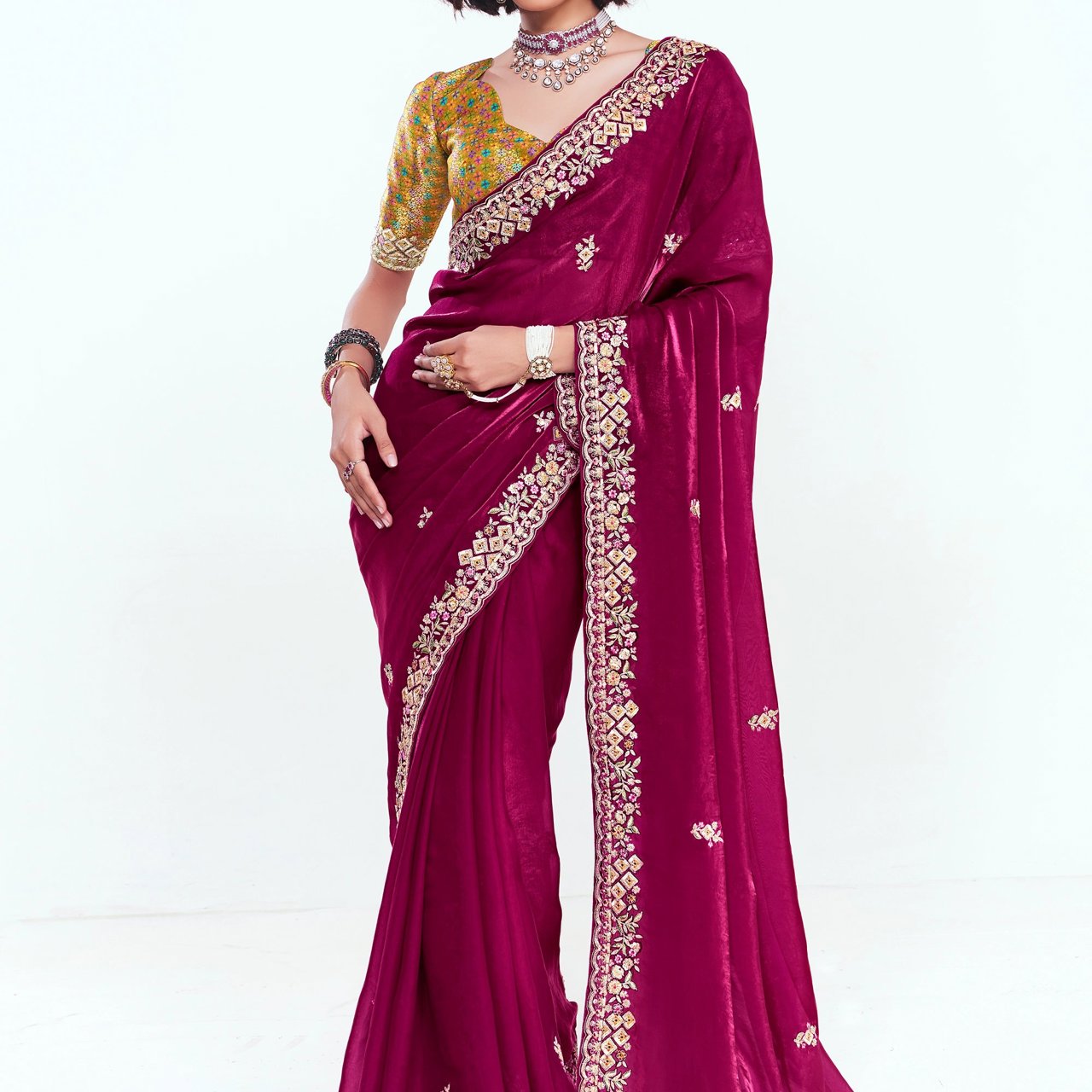 Beet Red Designer Embroidered Tissue Saree