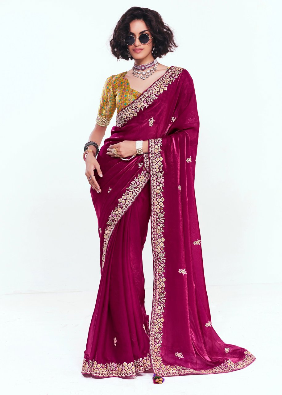 Beet Red Designer Embroidered Tissue Saree