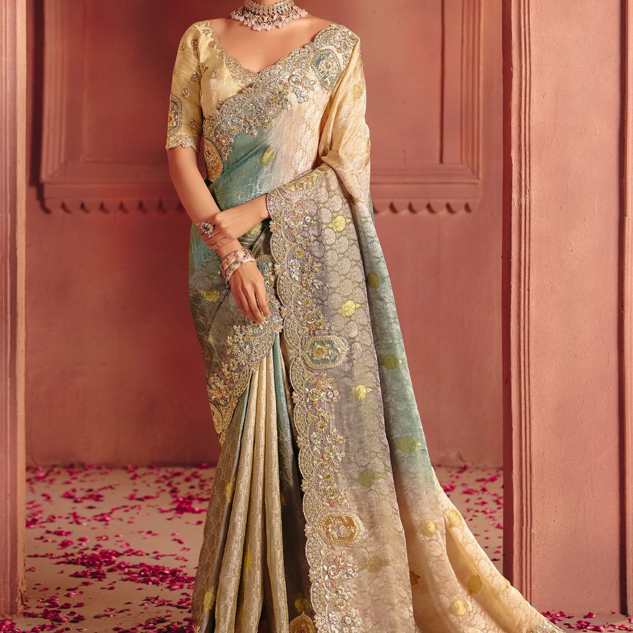 Beige Designer Embroidered Saree