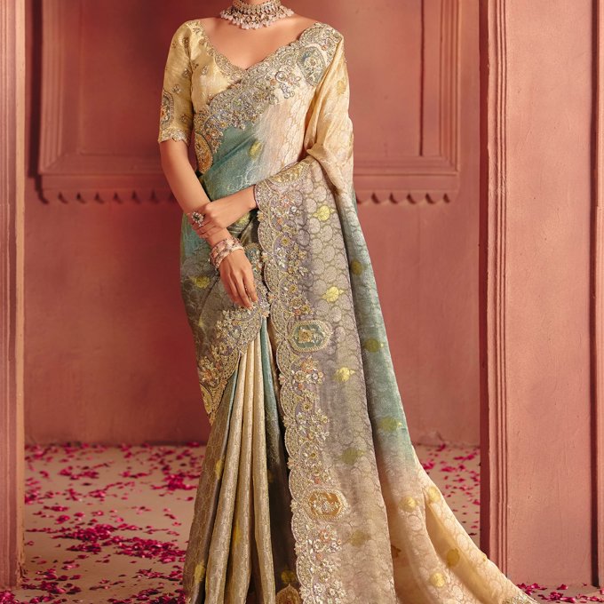 Beige Designer Embroidered Saree