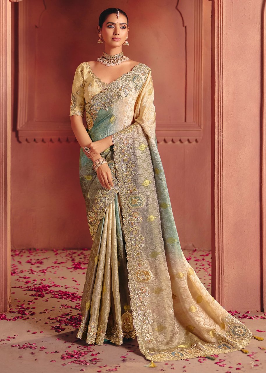 Beige Designer Embroidered Saree