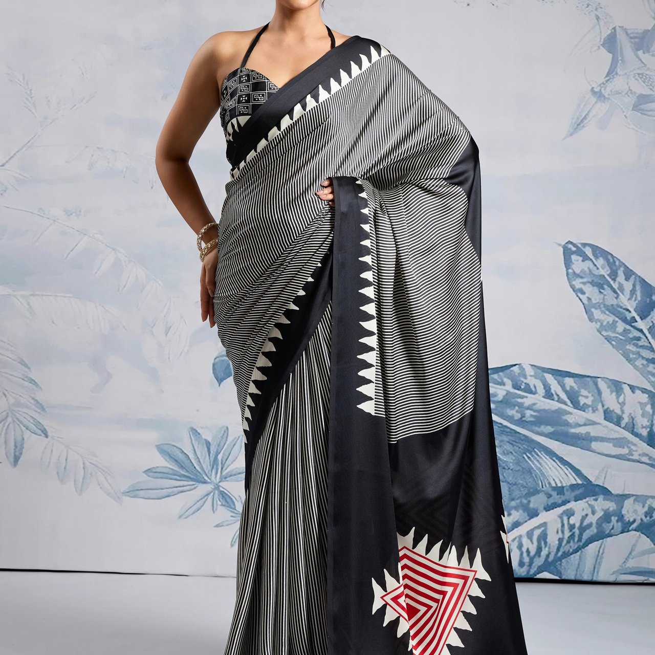 Black And White Printed Satin Silk Saree