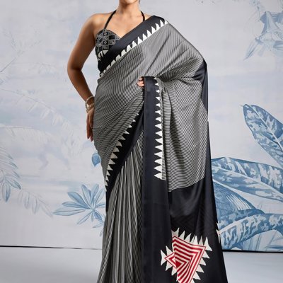 Black And White Printed Satin Silk Saree