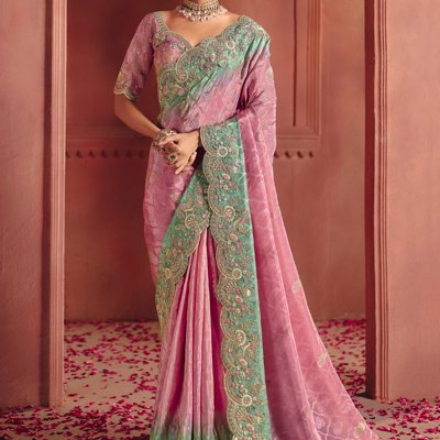 Blossom Pink Designer Embroidered Saree