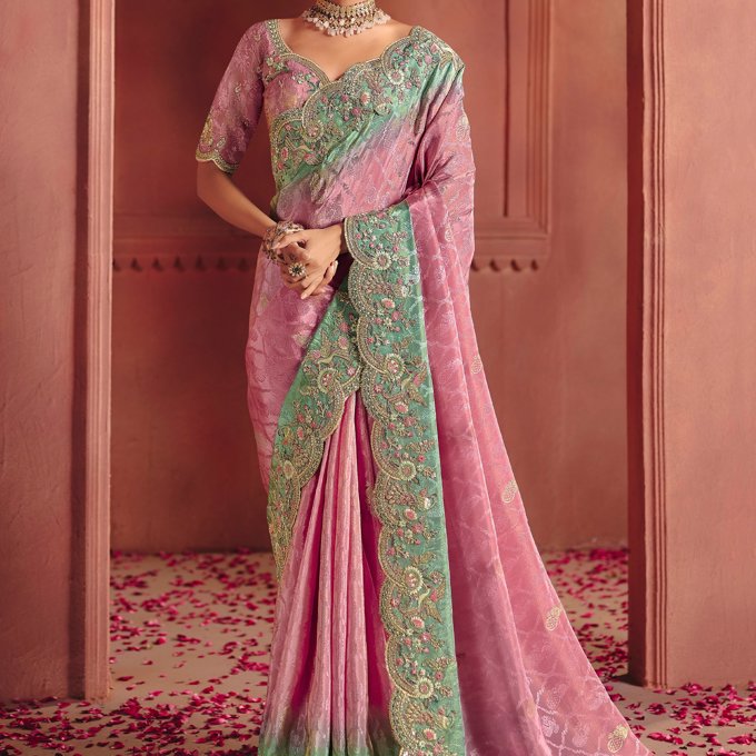 Blossom Pink Designer Embroidered Saree