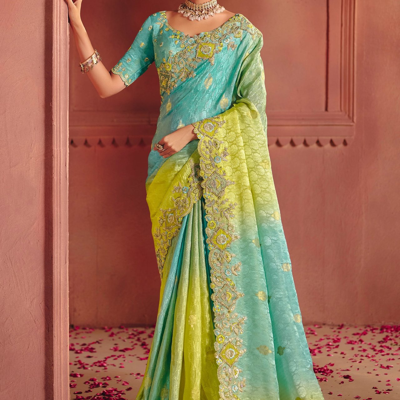 Blue Green Designer Embroidered Saree