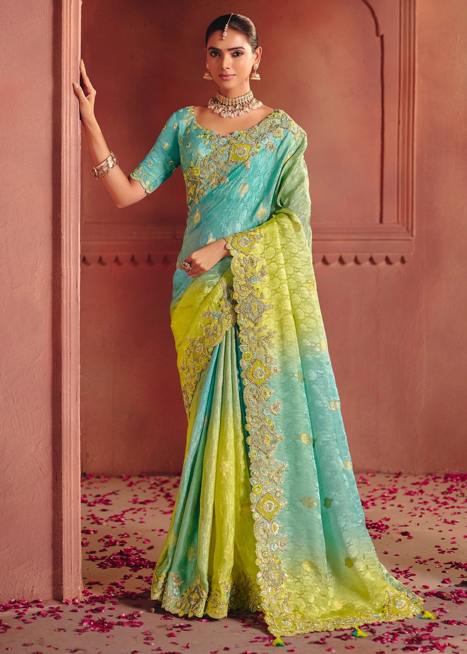Blue Green Designer Embroidered Saree