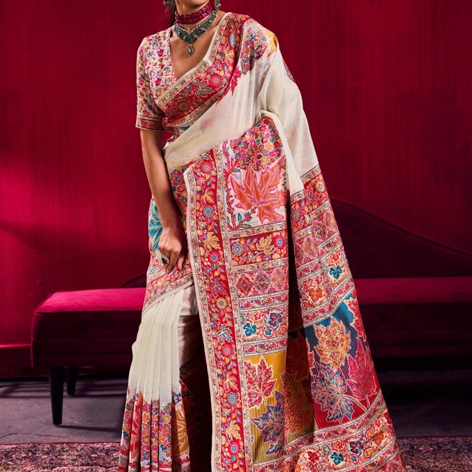 Bright White Woven Cotton Kashmiri Jamewar Saree