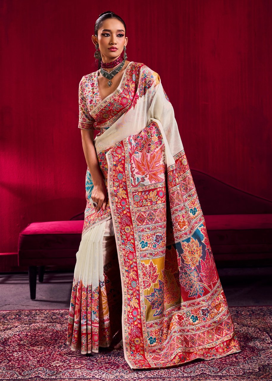 Bright White Woven Cotton Kashmiri Jamewar Saree