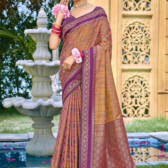 Brown And Purple Woven Banarasi Silk Saree