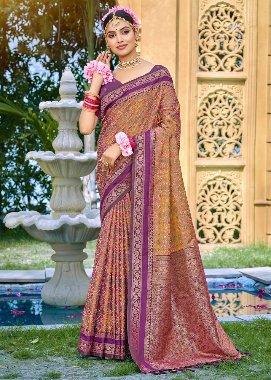 Brown And Purple Woven Banarasi Silk Saree