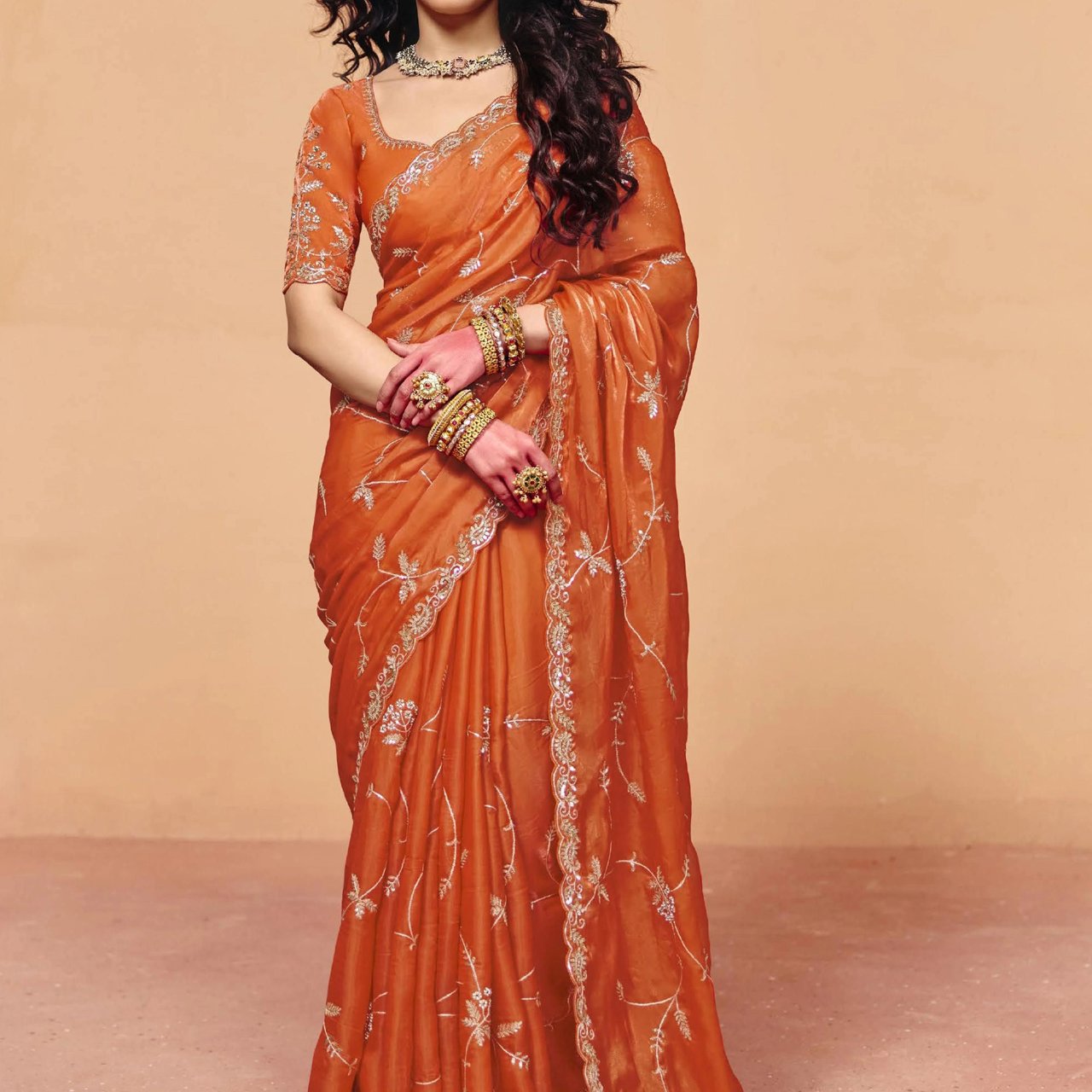 Burnt Orange Embroidered Designer Tissue Saree