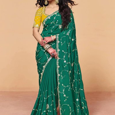 Cadmium Green Embroidered Designer Tissue Saree
