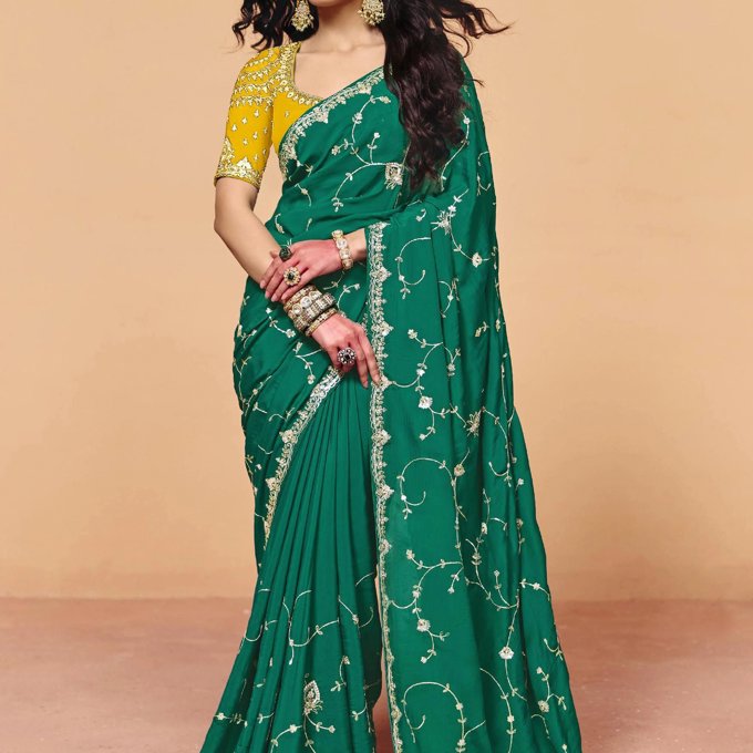 Cadmium Green Embroidered Designer Tissue Saree