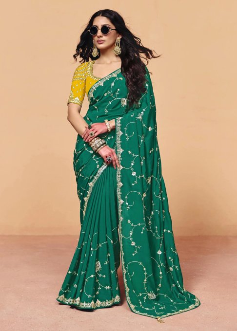 Cadmium Green Embroidered Designer Tissue Saree