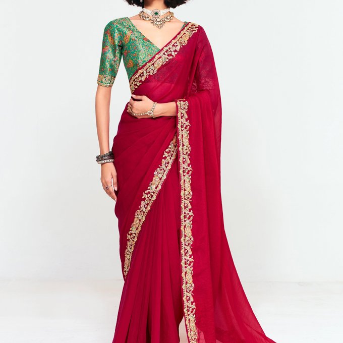 Cherry Red Designer Embroidered Tissue Saree