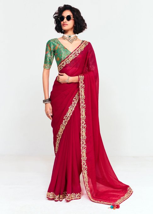 Cherry Red Designer Embroidered Tissue Saree