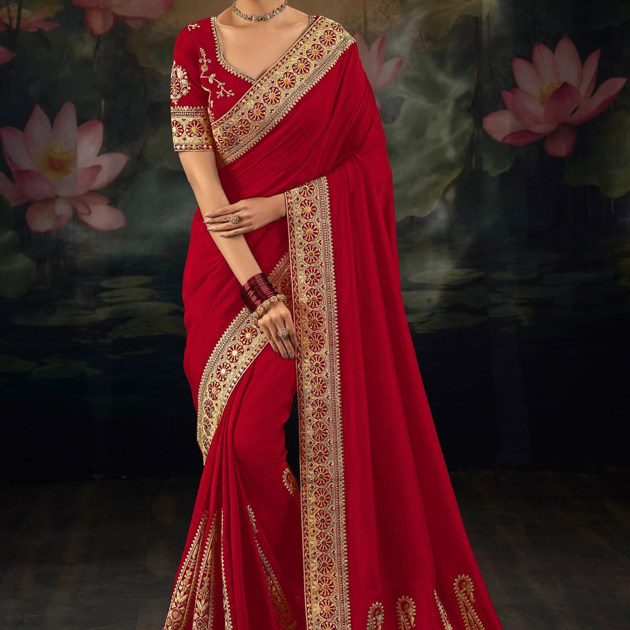 Cherry Red Embroidered Designer Saree