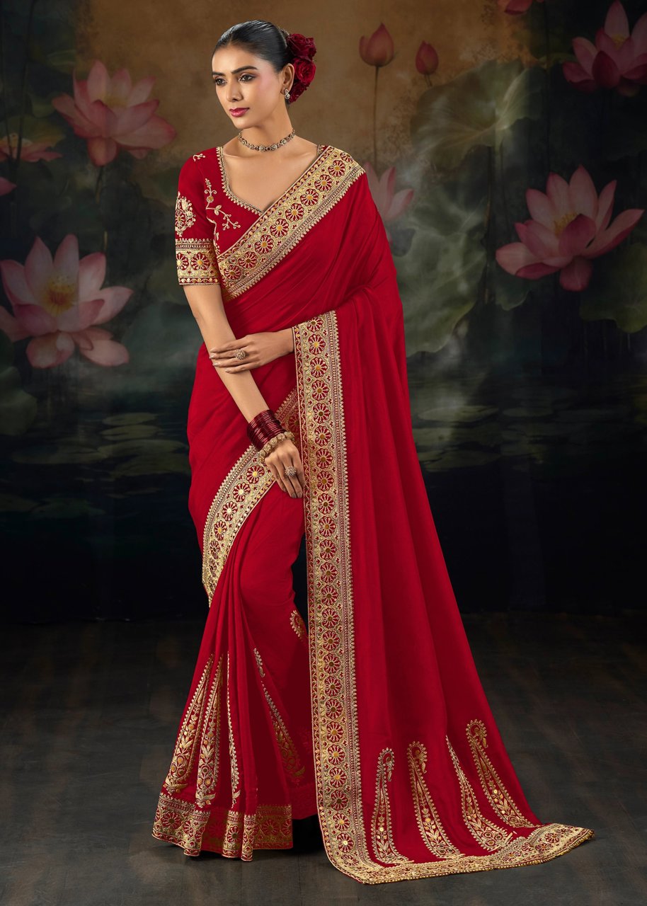 Cherry Red Embroidered Designer Saree