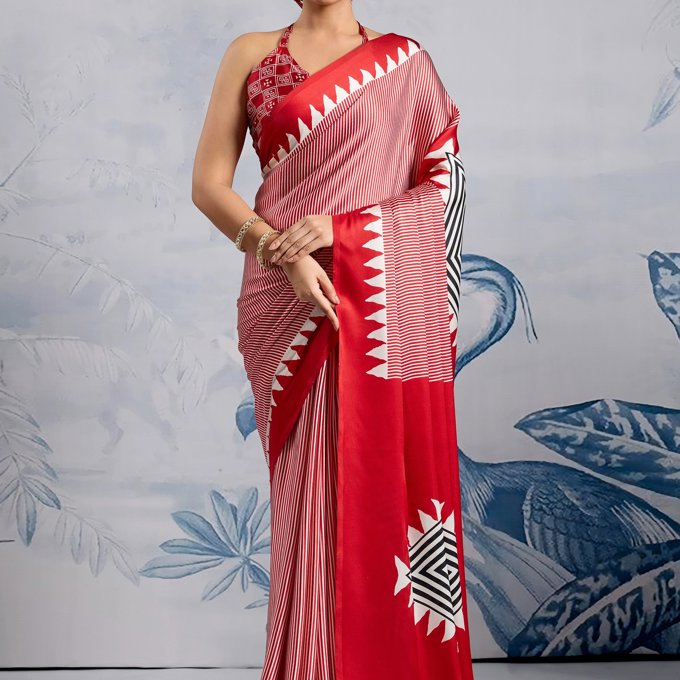 Cherry Red Printed Satin Silk Saree