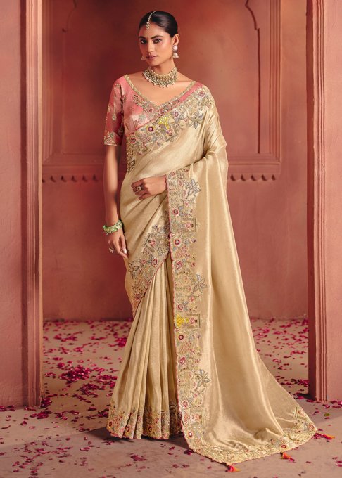 Classic Cream Designer Embroidered Saree