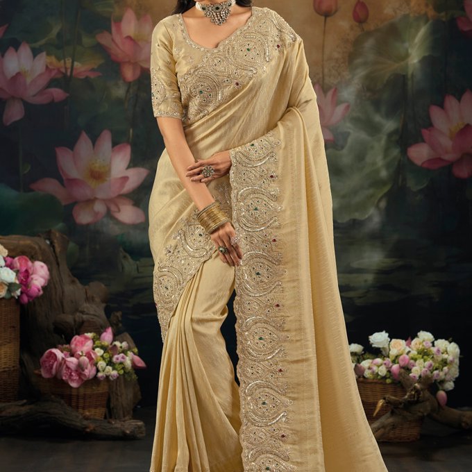 Classic Cream Embroidered Designer Saree