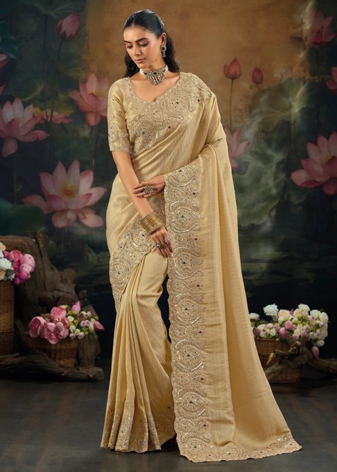 Classic Cream Embroidered Designer Saree