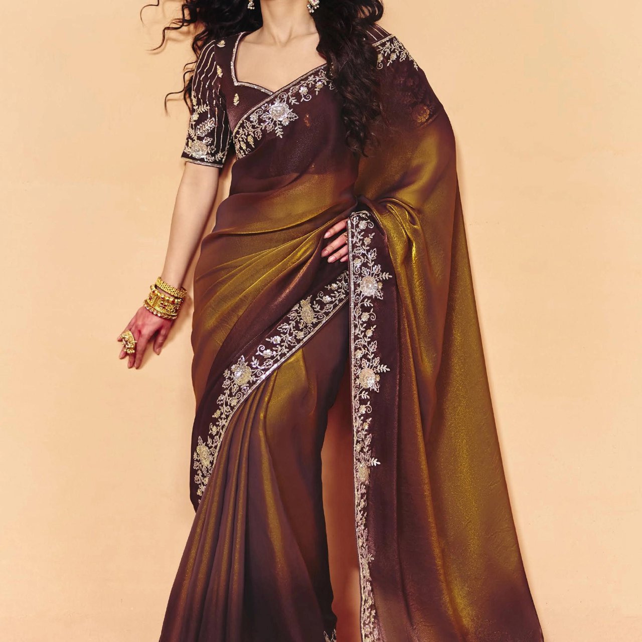 Coffee Brown Embroidered Designer Tissue Saree