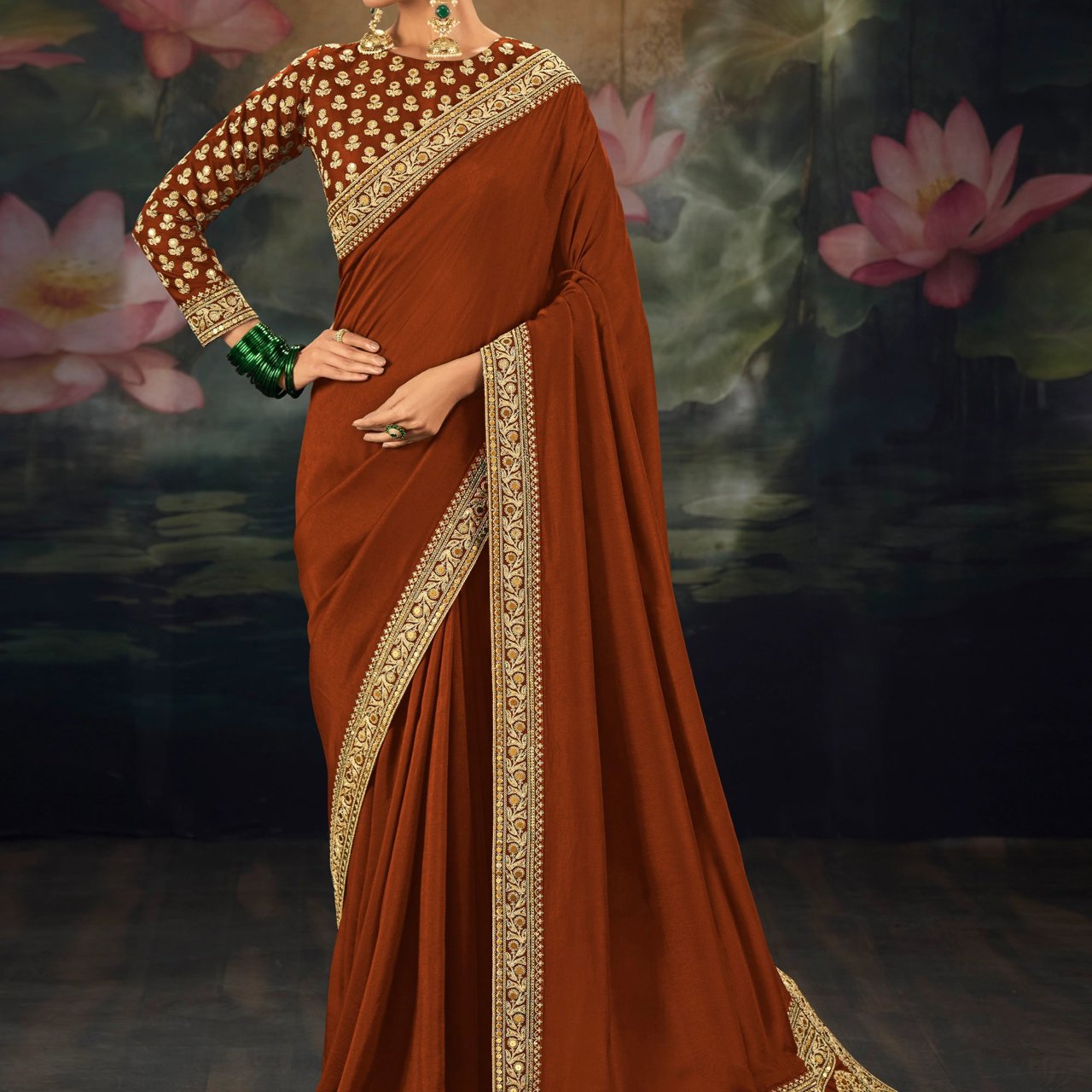 Copper Brown Embroidered Designer Saree