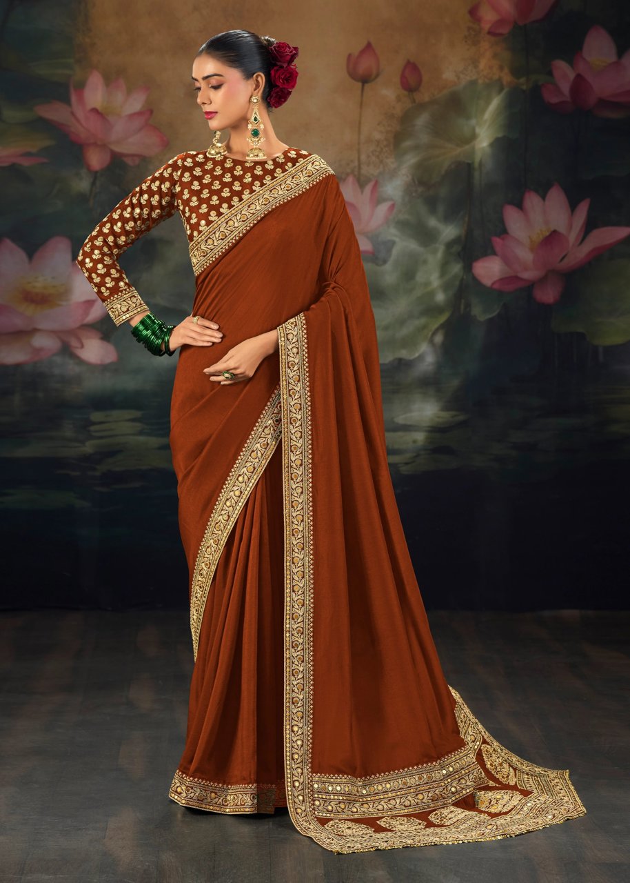 Copper Brown Embroidered Designer Saree