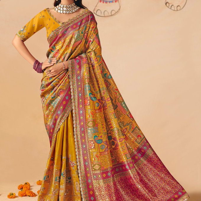 Dusky Yellow Designer Embroidered Saree