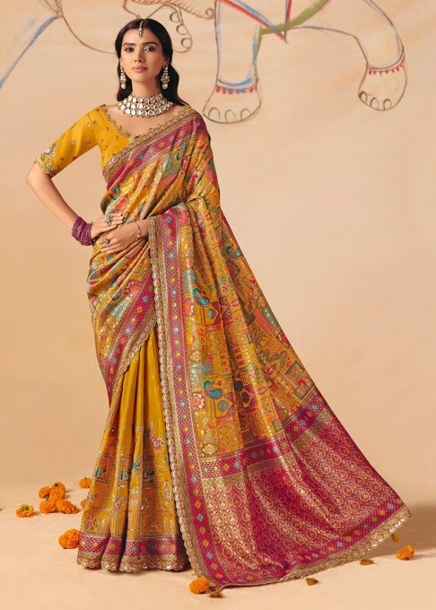 Dusky Yellow Designer Embroidered Saree