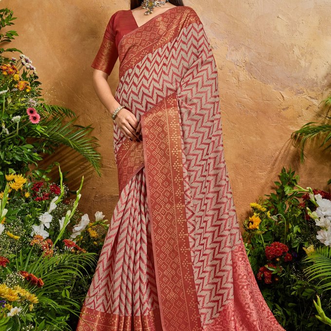 Earth Red Printed Patola Silk Saree