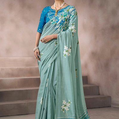 Exclusive Offer Light Cyan Woven Cotton Silk Saree