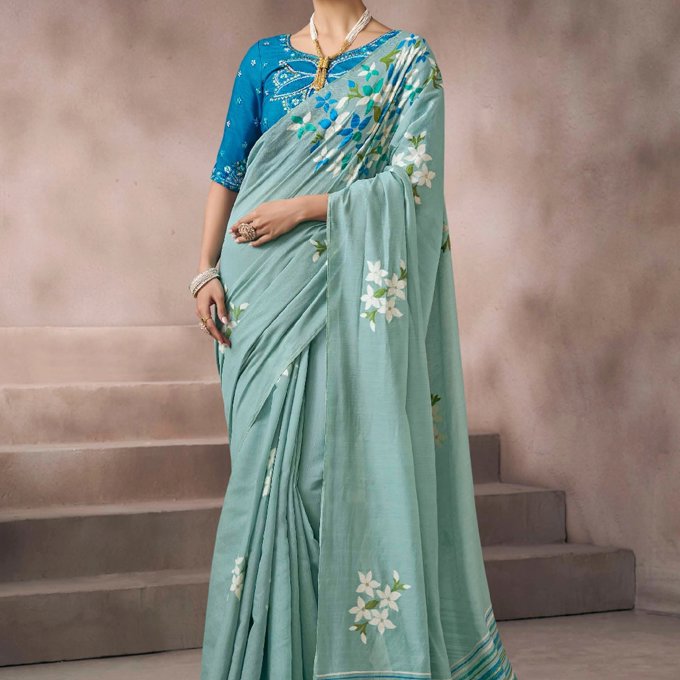 Exclusive Offer Light Cyan Woven Cotton Silk Saree
