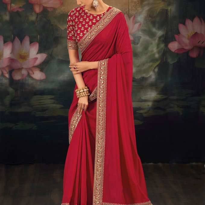 Fiery Red Embroidered Designer Saree