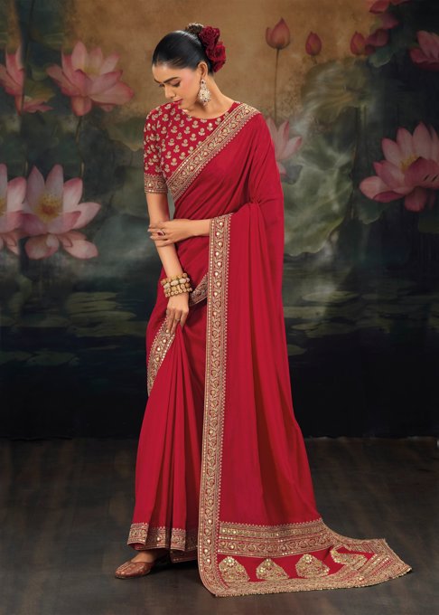 Fiery Red Embroidered Designer Saree