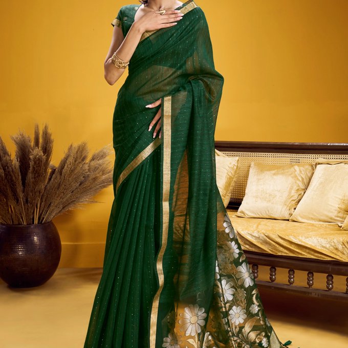 Forest Green Woven Cotton Silk Saree