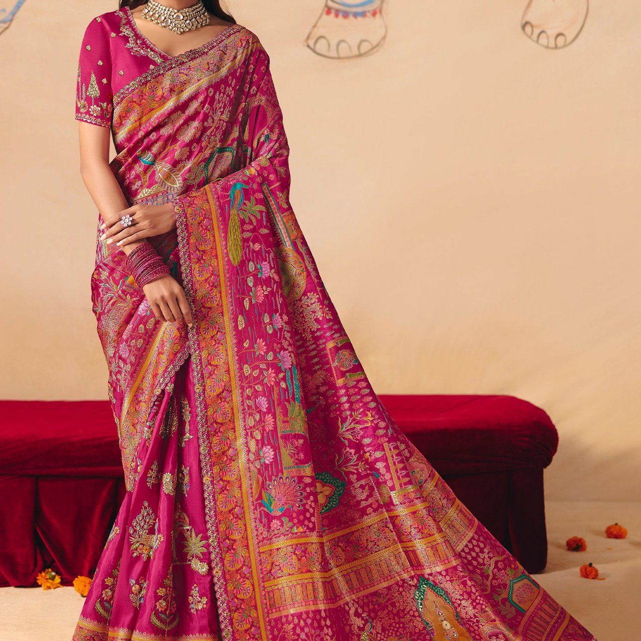Fuchia Pink Designer Embroidered Saree