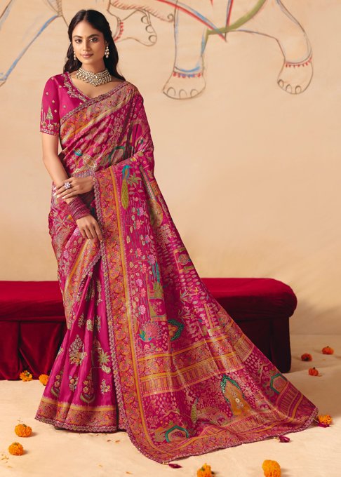 Fuchia Pink Designer Embroidered Saree