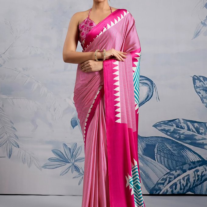 Fuchsia Pink Printed Satin Silk Saree