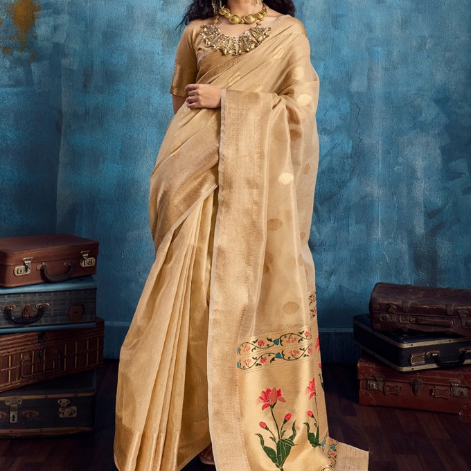 Golden Beige Woven Paithani Tissue Silk Saree