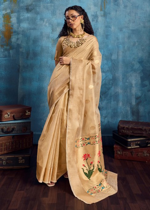 Golden Beige Woven Paithani Tissue Silk Saree