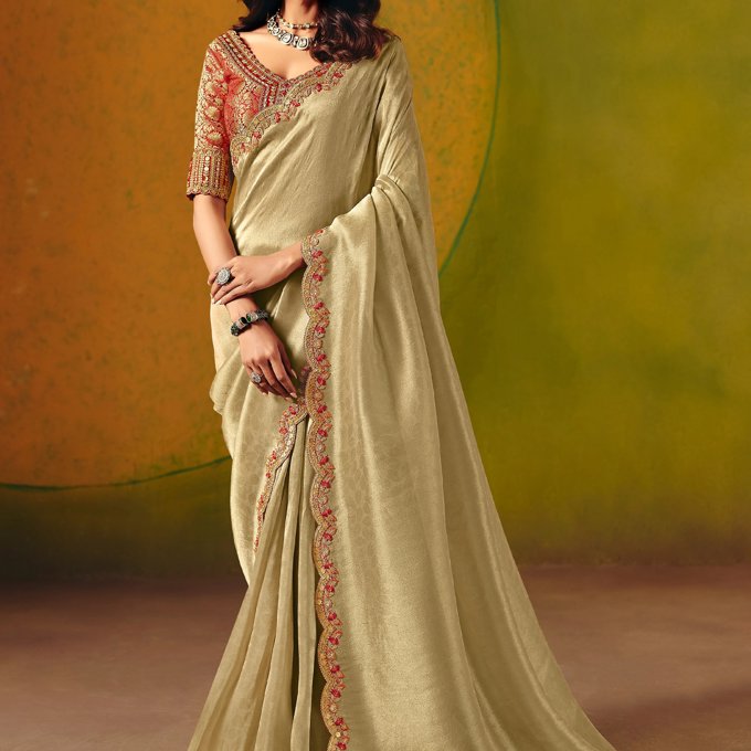 Golden Green Designer Embroidered Saree