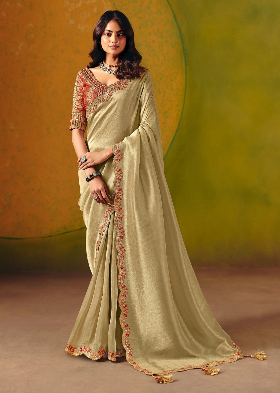 Golden Green Designer Embroidered Saree