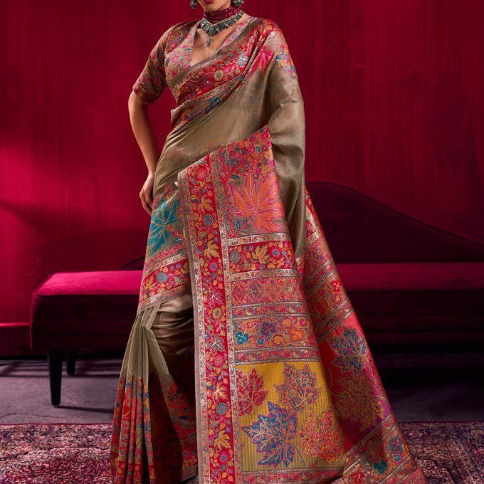 Grey Green Woven Cotton Kashmiri Jamewar Saree