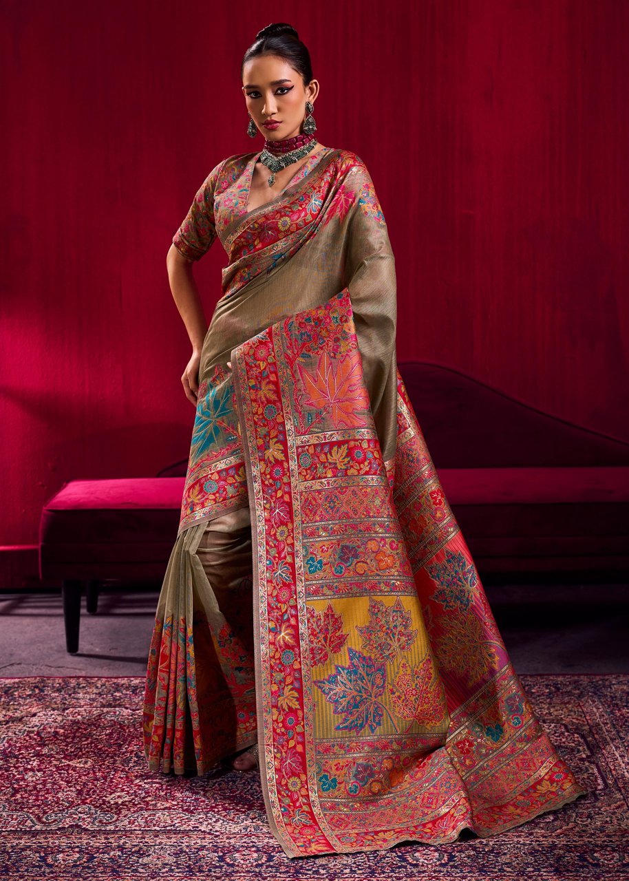 Grey Green Woven Cotton Kashmiri Jamewar Saree